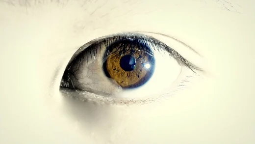 An extreme close-up of a brown eye, the surrounding skin washed almost to white