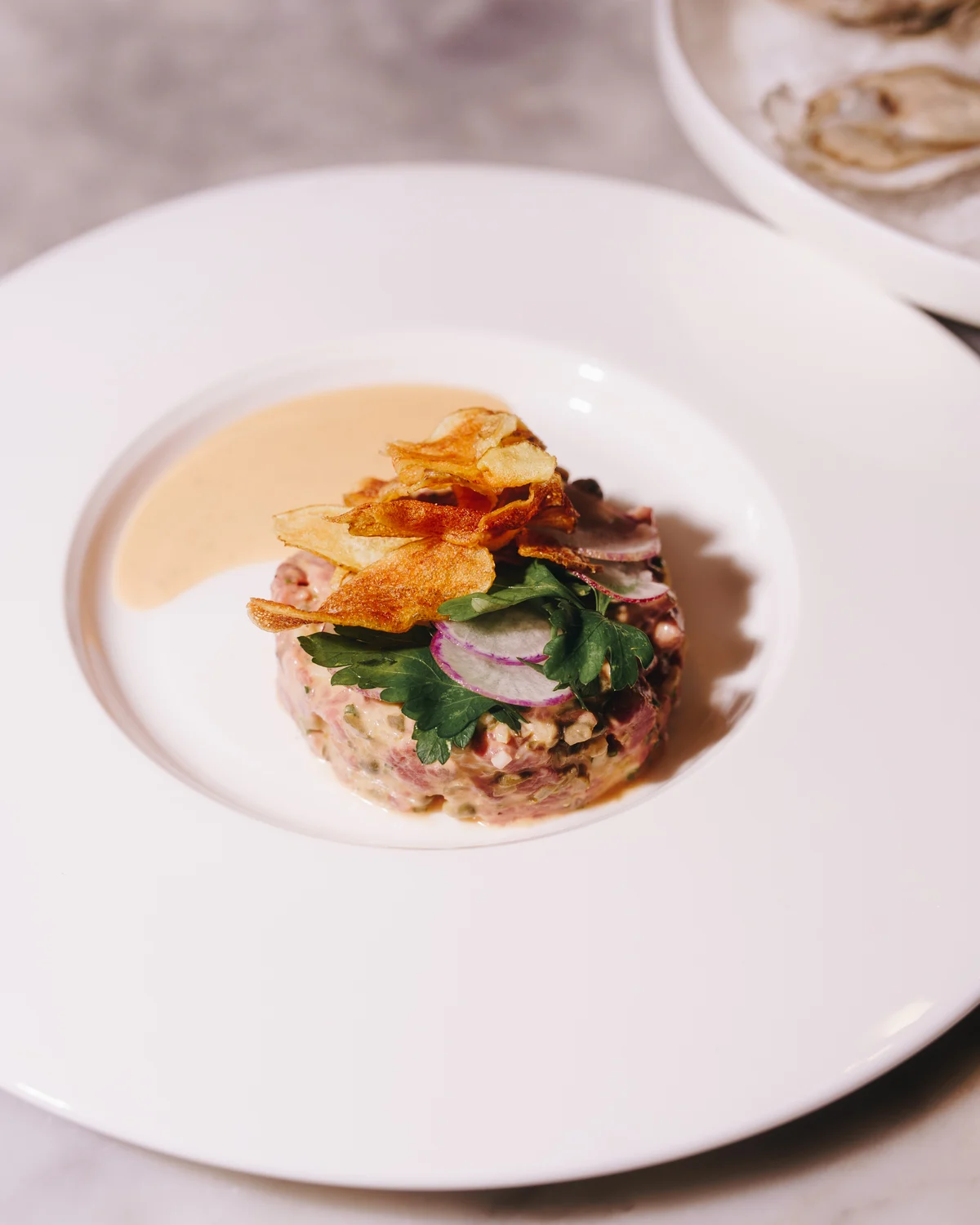 A round of steak tartare topped with potato crisps, radish slices and parsley, on a white plate with a smear of sauce beside it