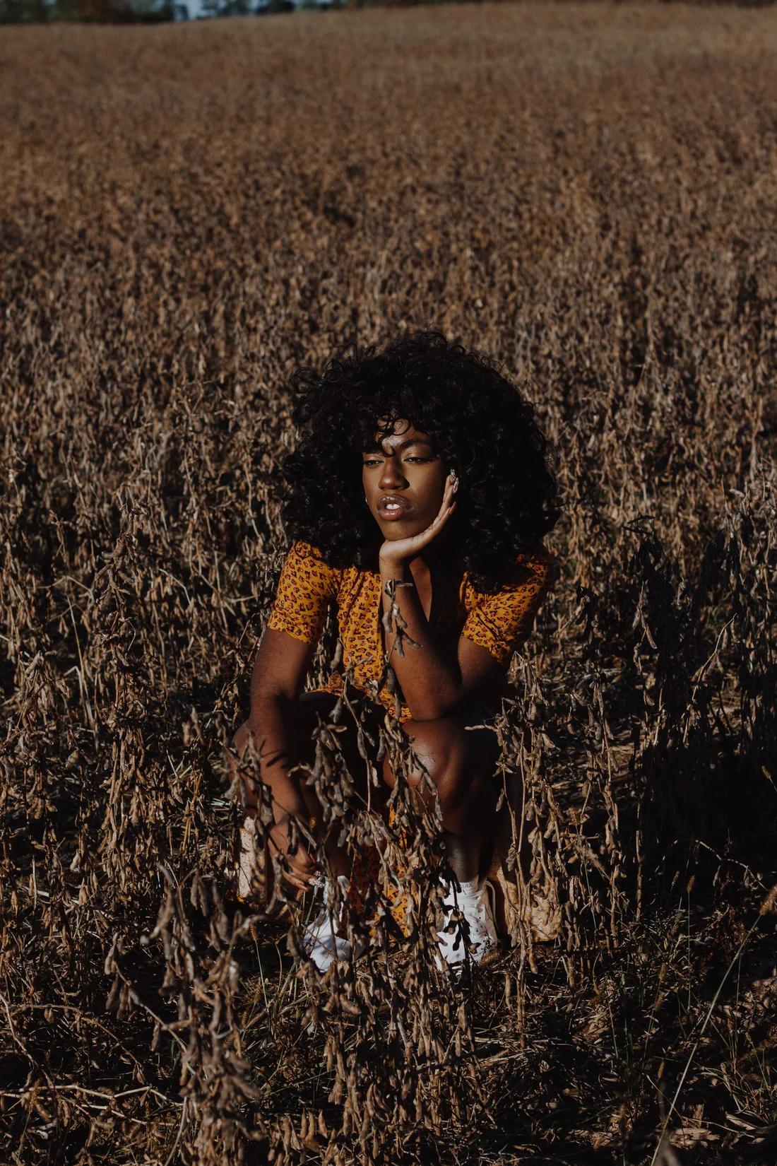 A woman with an afro crouched low in a harvested field, chin resting on her hand