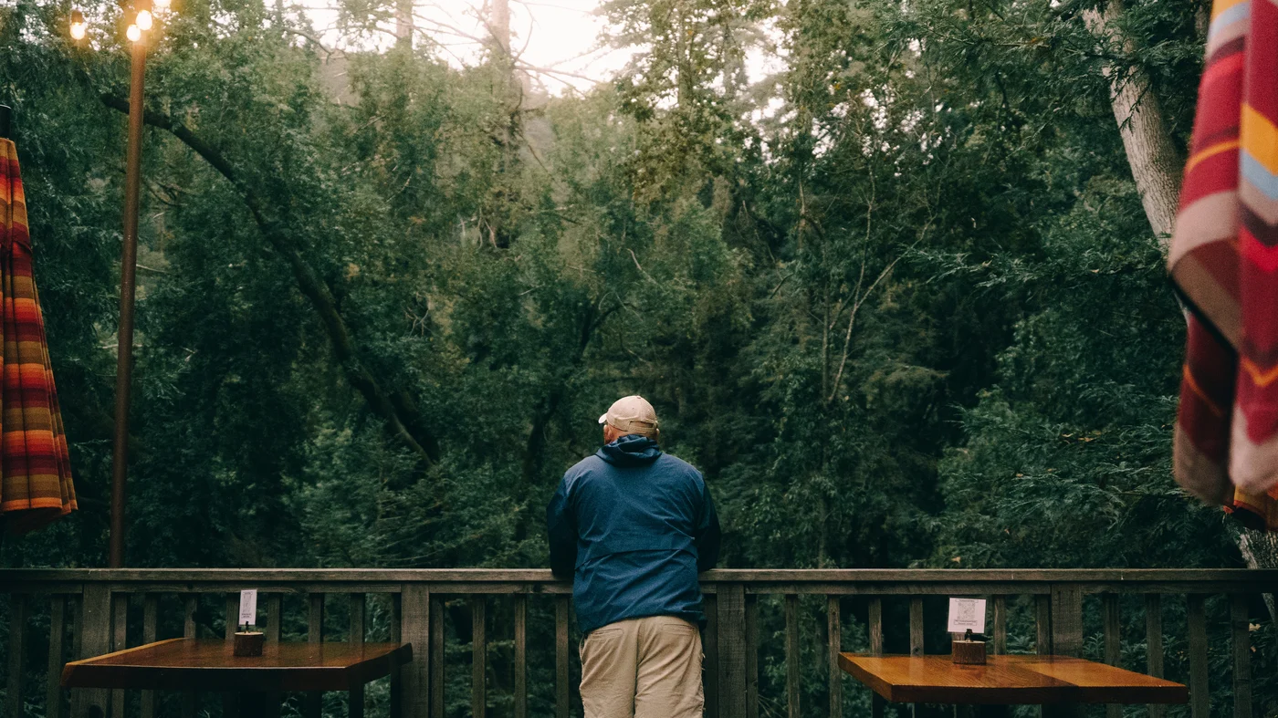 A man in a blue jacket leans on a deck railing, facing a wall of redwoods