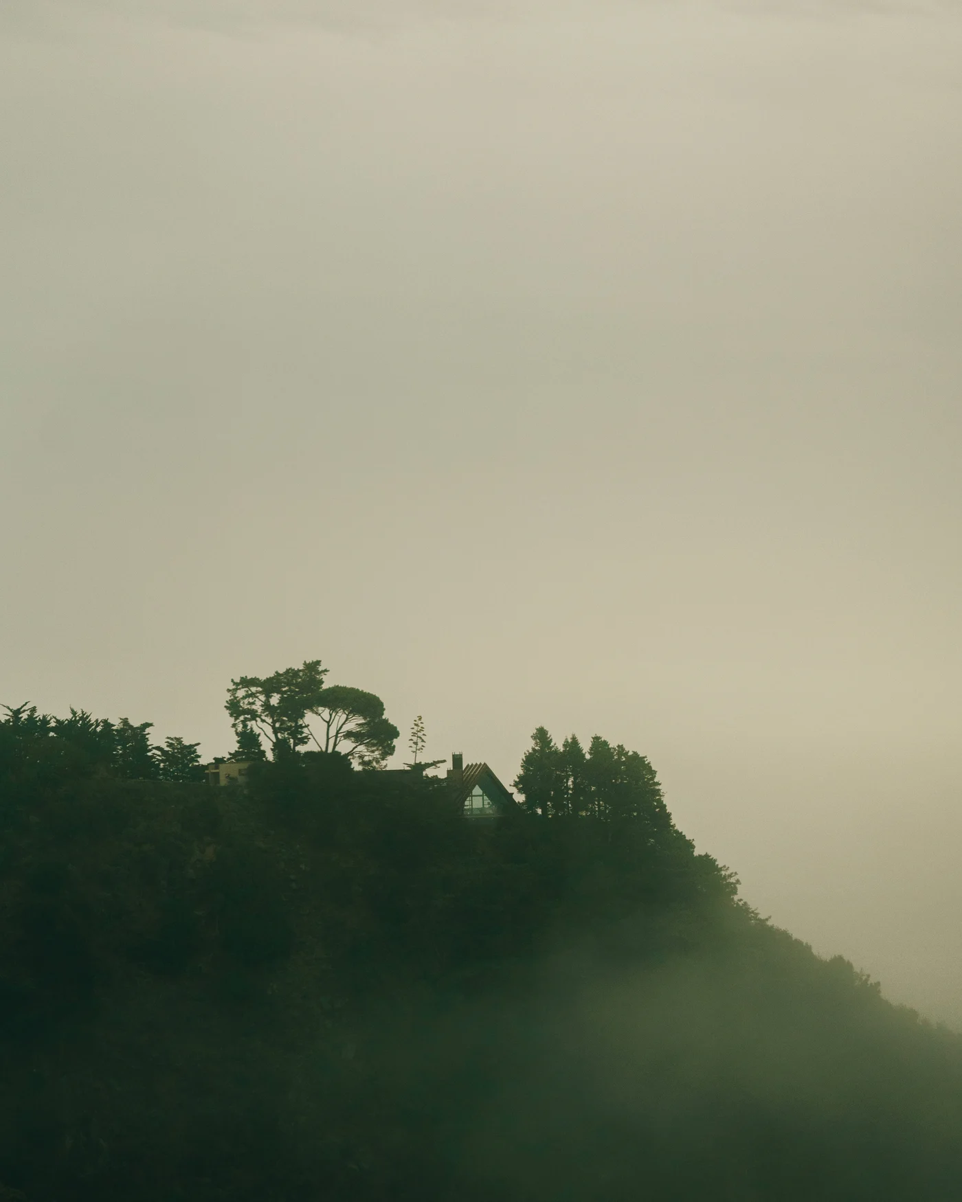 The peak of a house just visible among trees on a fog swallowed ridge